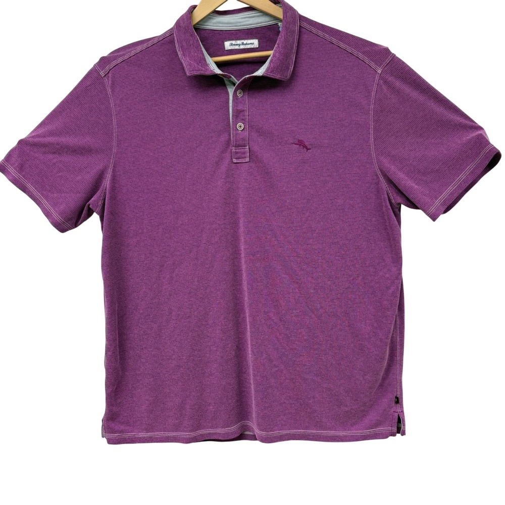 Tommy‎ Bahama Mens XXL Purple Micro Stripe Tencel Modal Polo Shirt Short Sleeve